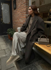 Solid Double-Breasted Turn-Down Overcoat