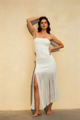 Fringe Strapless Slit Chic Cocktail Dress
