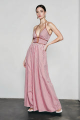 Deep V Striped Halter Vacation Dress