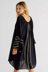 Bohemian Floral Embroidered Black Cotton Flare Boho Dress