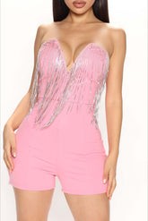 Rhinestone Deep V Fringe Tube Party Short Jumpsuit