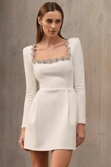 Elegant White Square Neck Long Sleeve Pearl Trim Slim Cocktail Dress