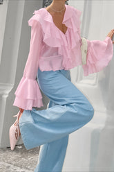 Chiffon Flare Sleeve Cropped Blouse
