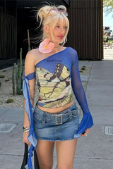 Y2K Butterfly Print One Shoulder Mesh Ruffle Crop Top