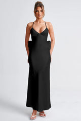 Satin Maxi Dress with Bow Detail Silk Dress