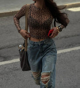 Sexy Leopard Mesh Crop Sheer Top