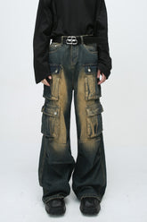Paneled Multi Pocket Distressed Vintage Cargo Jeans