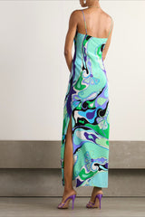 Printed Satin Cami Slit Silk Dress