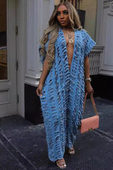 Distressed Denim Deep V Baggy Wide Leg Jumpsuit