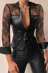 Lace Leather Panel Sheer Sexy Long Sleeve Chic Blouse