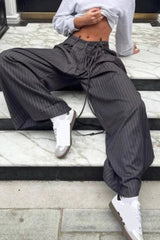 Retro Striped Slouchy High Waist Wide Leg Dress Pants