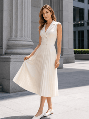 Ruched Ice Silk Lapel High Waist Work Dress