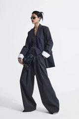 Grey Striped Vest Wide Leg Three Piece Set