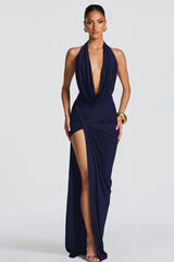Sexy Deep V Halter Backless Slit Formal Dress