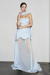 Strapless Sash Mesh Beaded Reception Dress