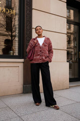 New Retro Fashion Deep V-Neck Maillard Plush Long-Sleeve Knit Cardigan