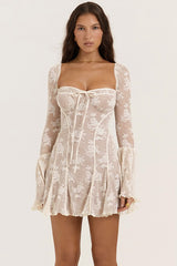 Tie Waist Bell Sleeve A Line Lace Dress