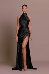 Elegant Stand Collar Halter Sleeveless Slit Formal Dress
