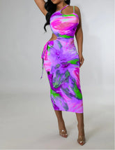 Tie Dye Spaghetti Strap Skew Neck Midi Dress