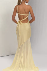 Sexy Asymmetric Backless Sheer Paneled Solid Formal Dress