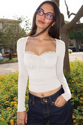 Lace Paneled Slim Sexy Chic Long Sleeve Crop Top