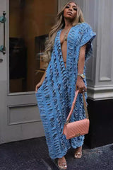 Distressed Denim Deep V Baggy Wide Leg Jumpsuit