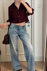 Vintage Heavy Washed Cotton Straight Mid Rise Jeans