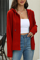 Solid Hooded Zip Drawstring Knit Cardigan Christmas Outerwear