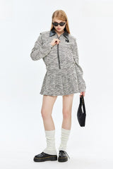 Loose Collared Jacket Pleated A Line Skirt Two Piece Set