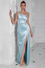 One Shoulder Ruched Waist Slit Sexy Formal Dress