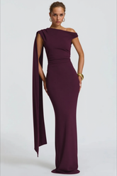 Sexy Asymmetrical Neck Long Sleeve Fitted Ruched High Waist Party Dress