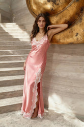 Satin Spaghetti Strap Split Lace Dress