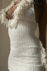 Fringe Deep V Halter Tie Backless Bodycon Knit Dress