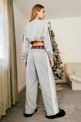 Stripe Plaid Panel Double Waist Wide Leg Pants