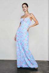 Floral Ruched Backless Tie Cami Mermaid Maxi Bodycon Dress