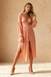 V Neck Button Down Maxi Dress