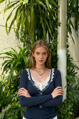 Korean Retro Ribbed Knit T-shirt Button Up Long Sleeve Sweater Women