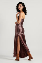 Metallic Ruched Slit Strapless Sleeveless Party Dress
