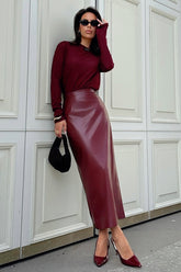 Anchor Red High Waist Slit Pencil Skirt