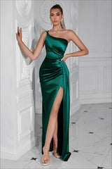 One Shoulder Ruched Waist Slit Sexy Formal Dress