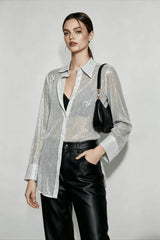 Sequin Collared Long Sleeve Glamorous Blouse