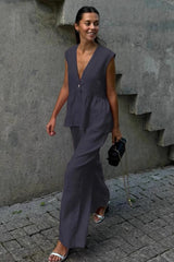 Cotton V Neck Sleeveless Vest Pants Two Piece Set
