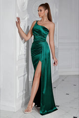 One Shoulder Ruched Waist Slit Sexy Formal Dress