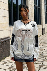 Lace Sheer V Neck Print Sweatshirt