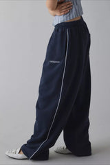 Embroidered Elastic Waist Loose Straight Pants
