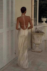 Sexy Backless Halter Camisole Satin Like Formal Dress