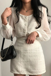 Sheer Boucle Square Neck Blouse Skirt Tweed Suit Set