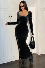 High Waist Split Velvet Maxi Dress
