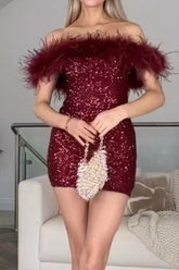 Strapless Feather Sequin Bodycon Chic Cocktail Dress