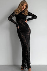 Sexy Sheer Jacquard Lace Long Sleeve Bodycon Dress